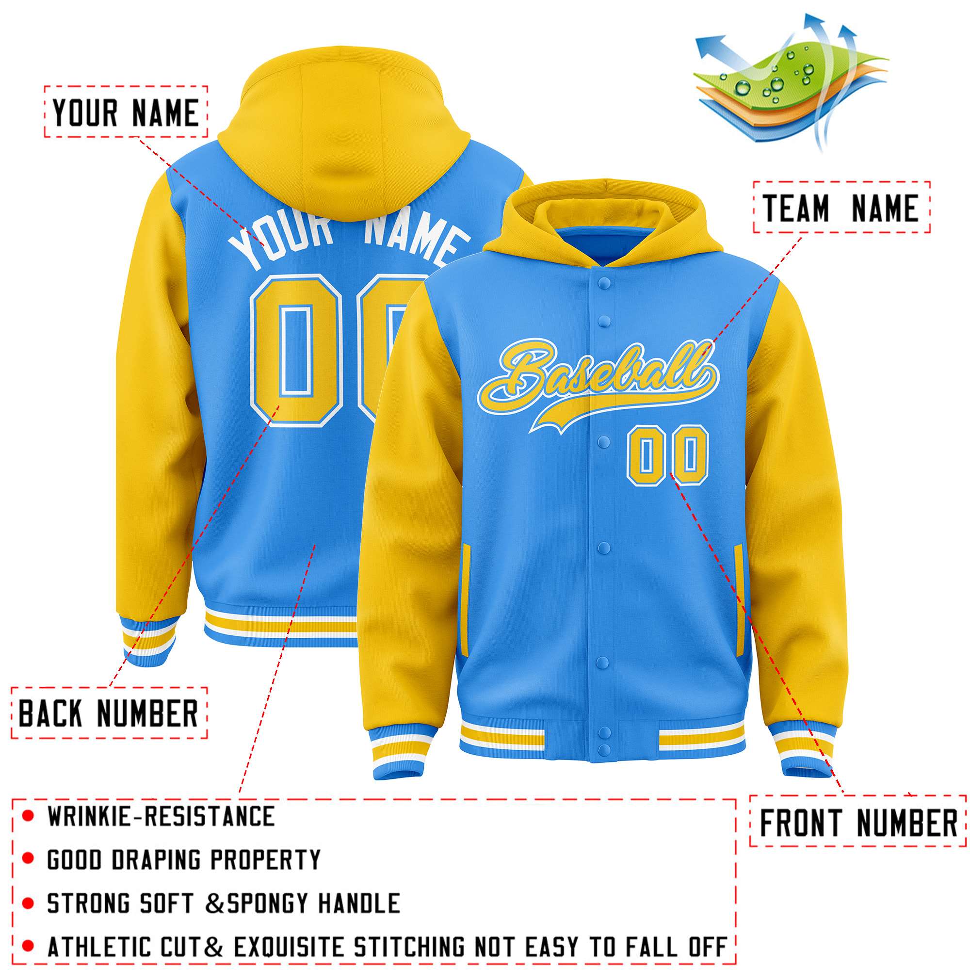 Custom Powder Blue Gold Raglan Sleeves Varsity Full-Snap Letterman Two Tone Jacket Hoodie