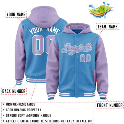 Custom Powder Blue Light Purple Raglan Sleeves Varsity Full-Snap Letterman Two Tone Jacket Hoodie
