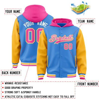 Custom Powder Blue Gold-Pink Raglan Sleeves Varsity Full-Snap Letterman Two Tone Jacket Hoodie