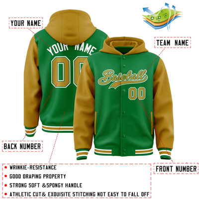 Custom Kelly Green Old Gold Raglan Sleeves Varsity Full-Snap Letterman Two Tone Jacket Hoodie
