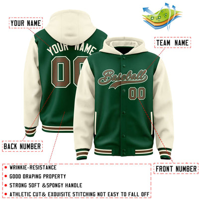 Custom Green Cream Raglan Sleeves Varsity Full-Snap Letterman Two Tone Jacket Hoodie