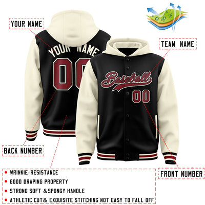 Custom Black Cream Raglan Sleeves Varsity Full-Snap Letterman Two Tone Jacket Hoodie
