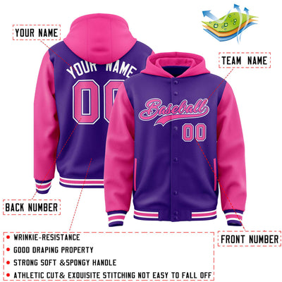 Custom Purple Pink Raglan Sleeves Varsity Full-Snap Letterman Two Tone Jacket Hoodie