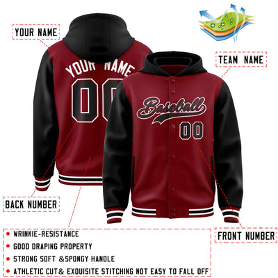 Custom Crimson Black Raglan Sleeves Varsity Full-Snap Letterman Two Tone Jacket Hoodie