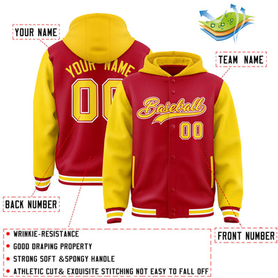 Custom Red Gold Raglan Sleeves Varsity Full-Snap Letterman Two Tone Jacket Hoodie