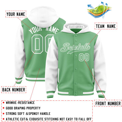 Custom Green White Raglan Sleeves Varsity Full-Snap Letterman Two Tone Jacket Hoodie