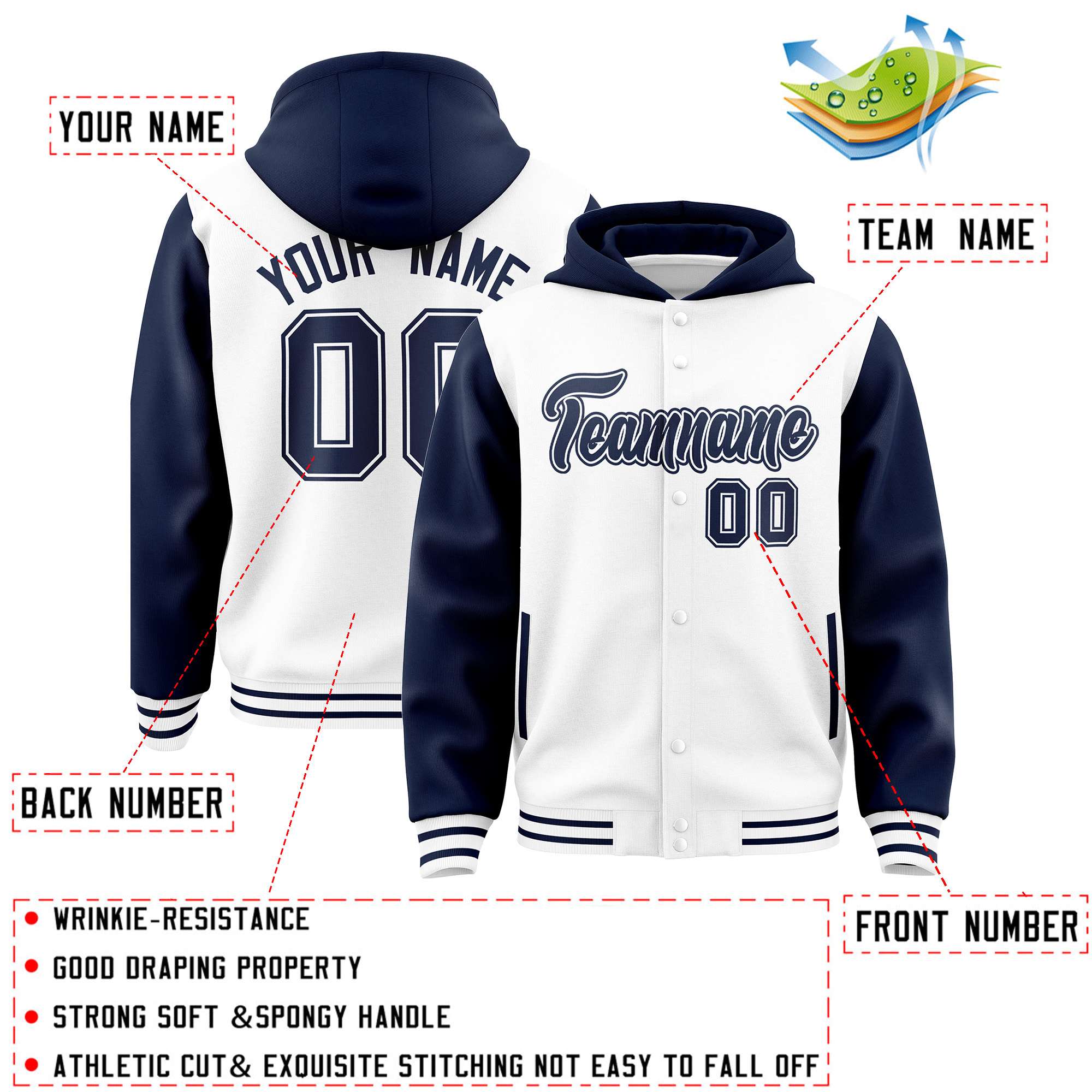 Custom White Navy Raglan Sleeves Varsity Full-Snap Letterman Two Tone Jacket Hoodie