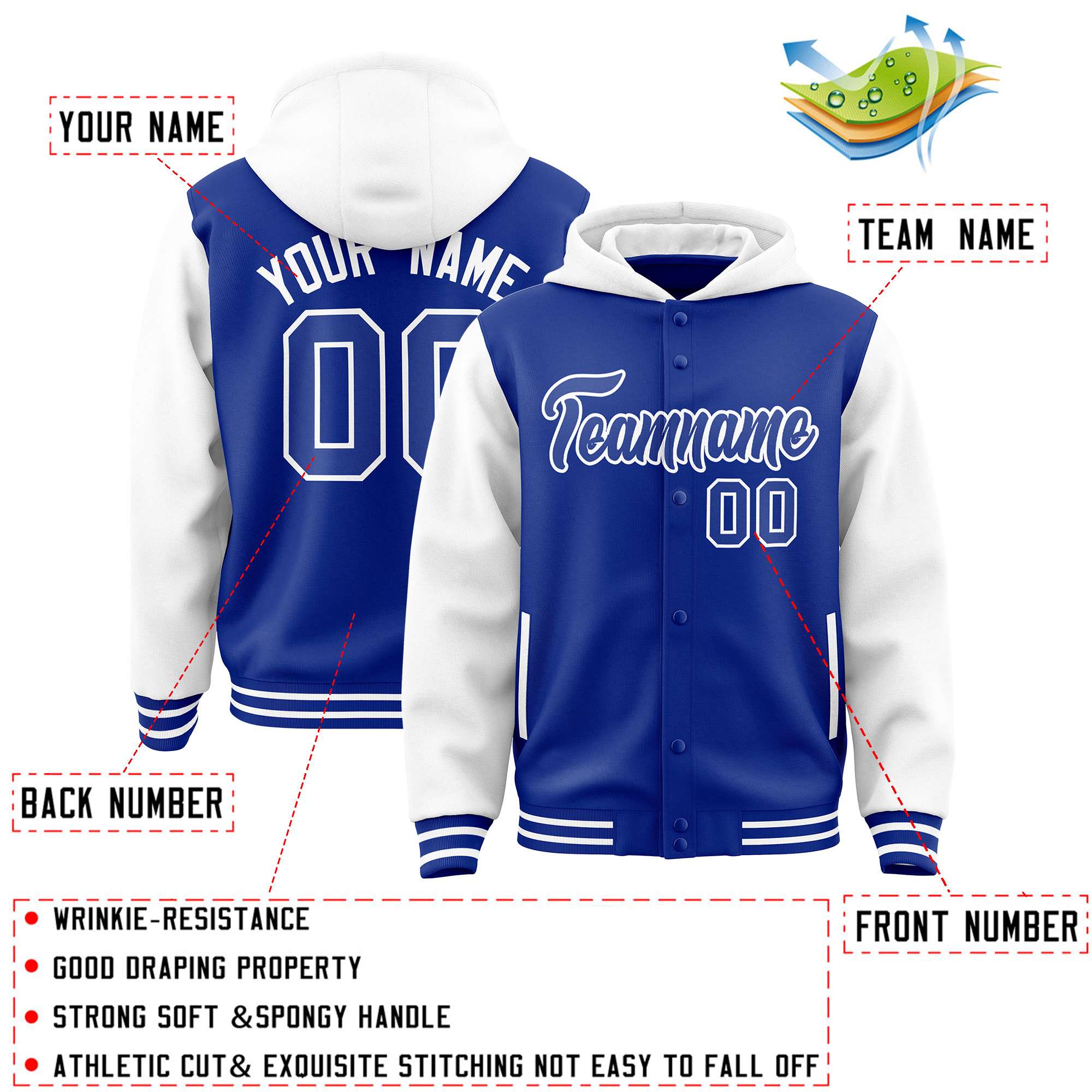 Custom Royal White Raglan Sleeves Varsity Full-Snap Letterman Two Tone Jacket Hoodie