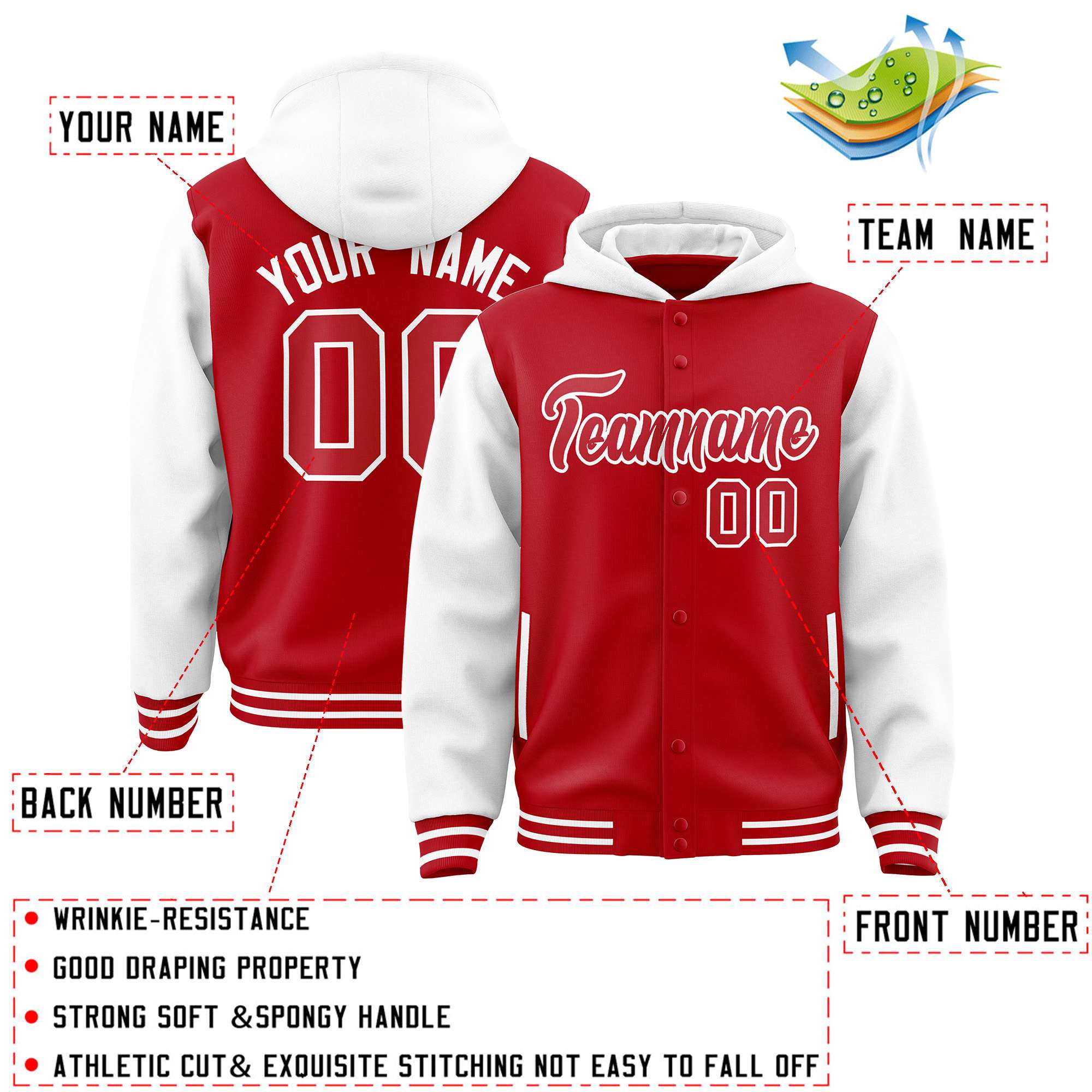 Custom Red White Raglan Sleeves Varsity Full-Snap Letterman Two Tone Jacket Hoodie