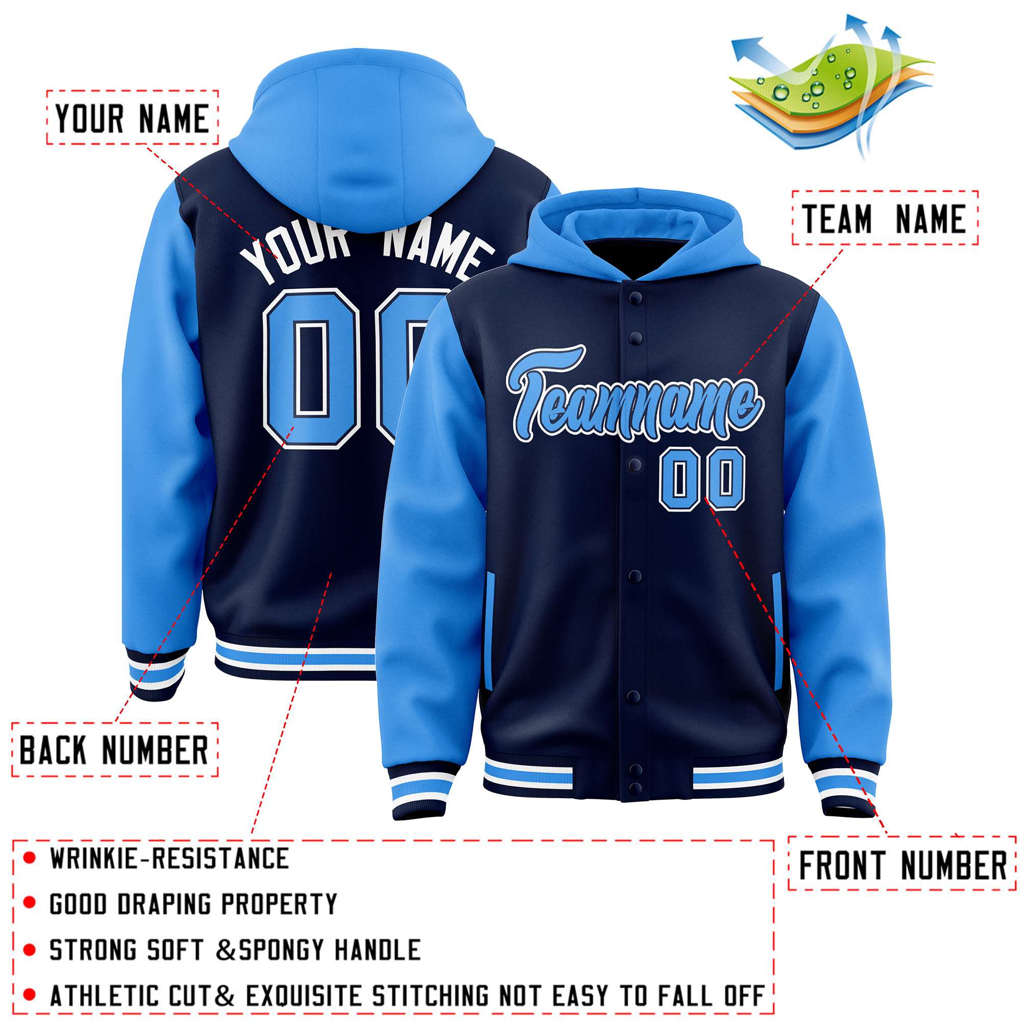 Custom Navy Powder Blue Raglan Sleeves Varsity Full-Snap Letterman Two Tone Jacket Hoodie
