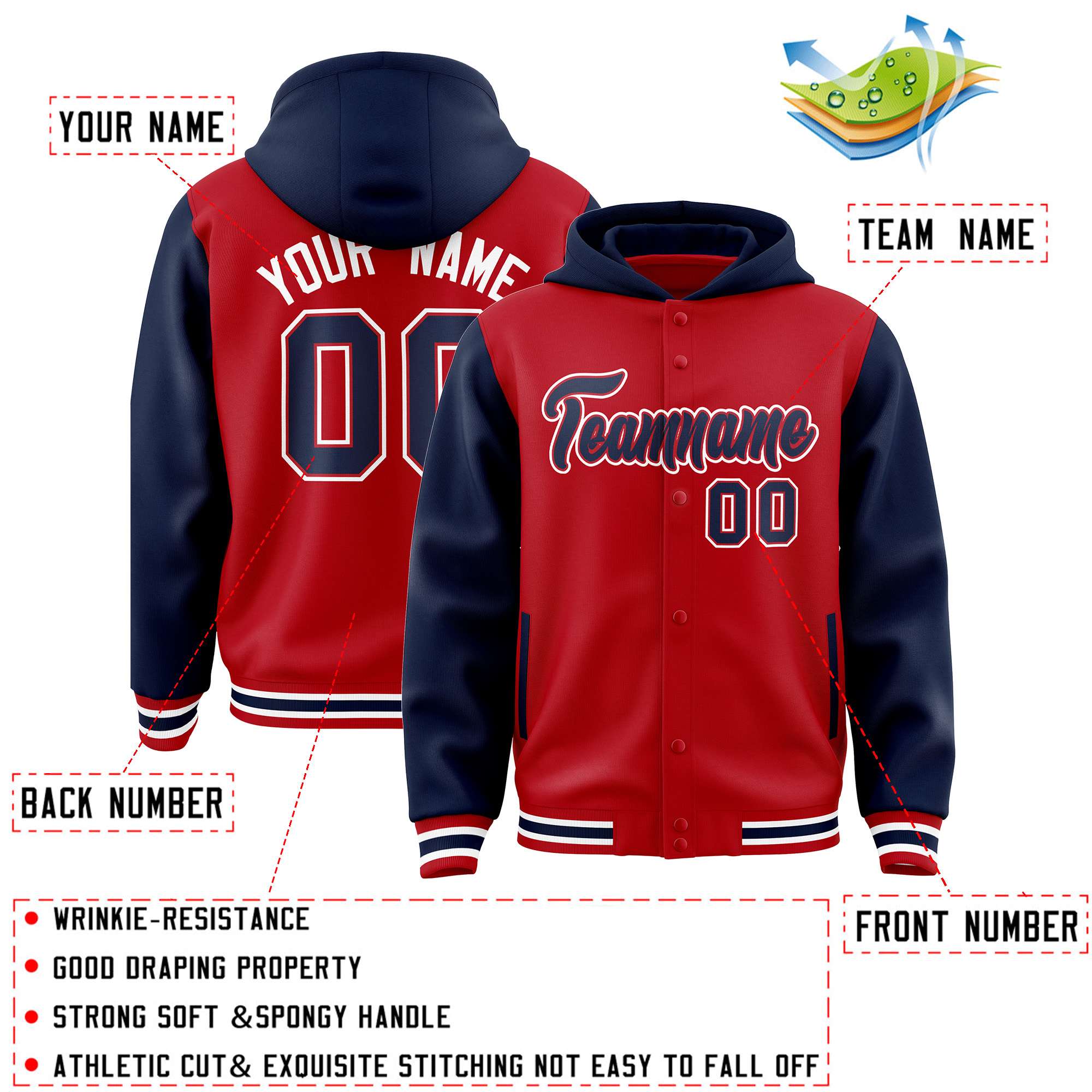 Custom Red Navy Raglan Sleeves Varsity Full-Snap Letterman Two Tone Jacket Hoodie