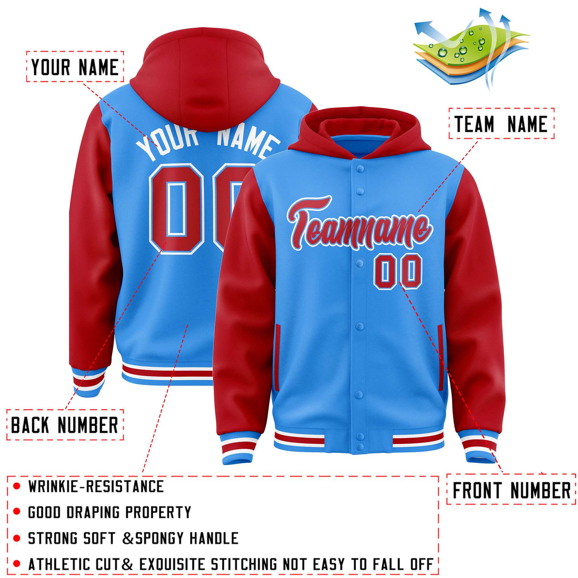 Custom Powder Blue Red Raglan Sleeves Varsity Full-Snap Letterman Two Tone Jacket Hoodie