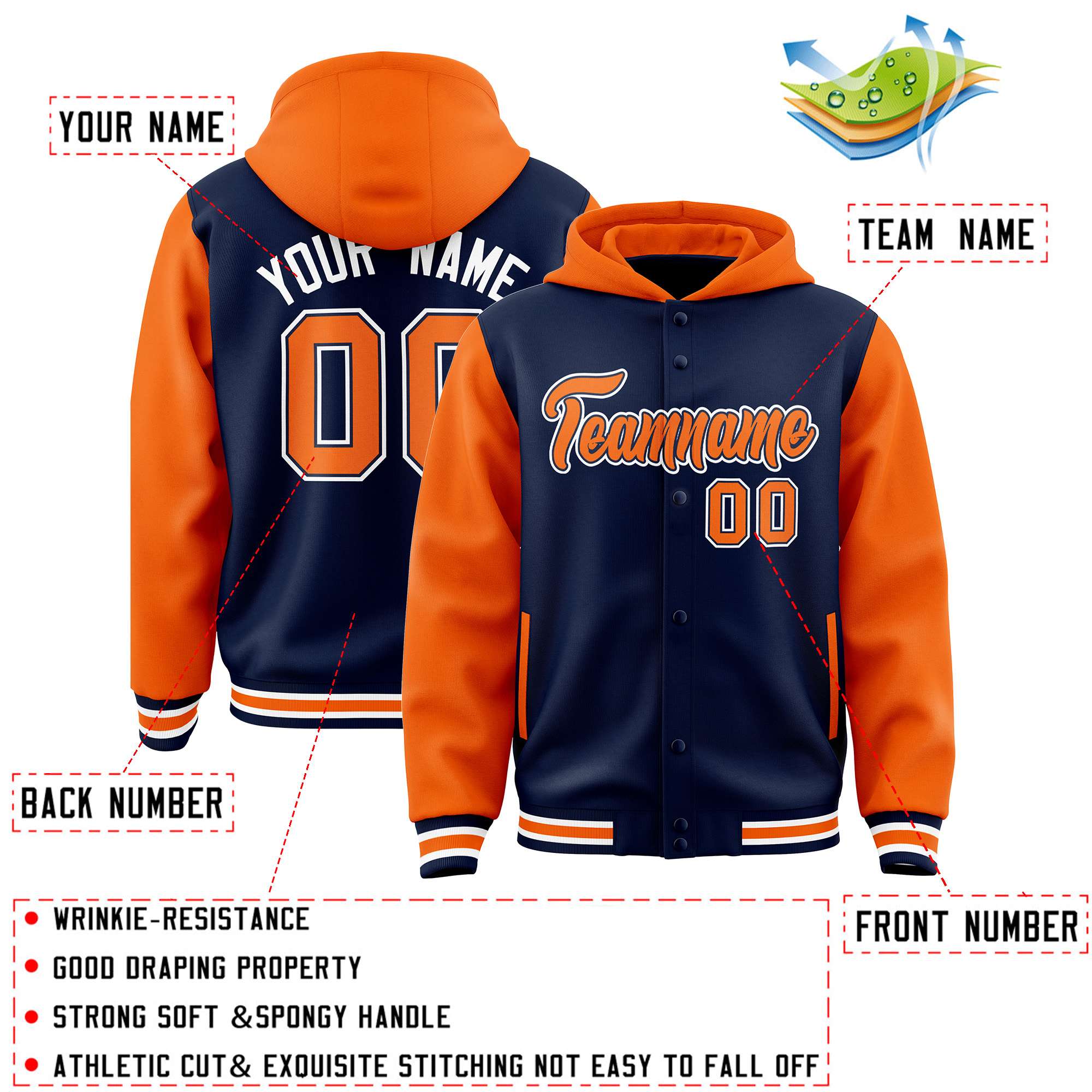 Custom Navy Orange Raglan Sleeves Varsity Full-Snap Letterman Two Tone Jacket Hoodie