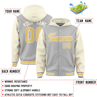 Custom Gray Cream Raglan Sleeves Varsity Full-Snap Letterman Two Tone Jacket Hoodie