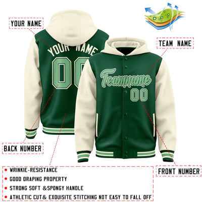 Custom Green Cream Raglan Sleeves Varsity Full-Snap Letterman Two Tone Jacket Hoodie
