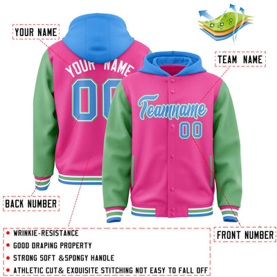 Custom Pink Green-Powder Blue Raglan Sleeves Varsity Full-Snap Letterman Two Tone Jacket Hoodie