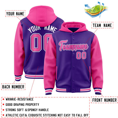 Custom Purple Pink Raglan Sleeves Varsity Full-Snap Letterman Two Tone Jacket Hoodie