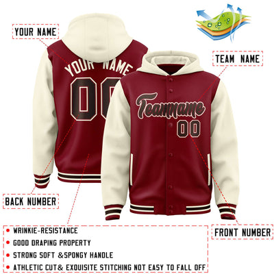 Custom Crimson Cream Raglan Sleeves Varsity Full-Snap Letterman Two Tone Jacket Hoodie