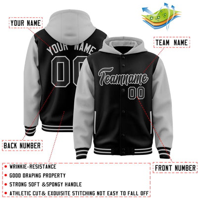 Custom Black Gray Raglan Sleeves Varsity Full-Snap Letterman Two Tone Jacket Hoodie