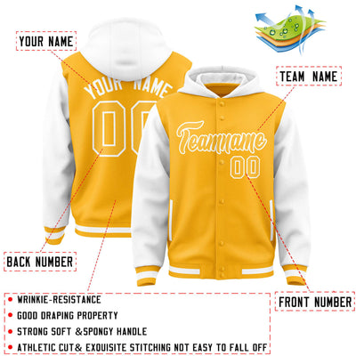 Custom Gold White Raglan Sleeves Varsity Full-Snap Letterman Two Tone Jacket Hoodie