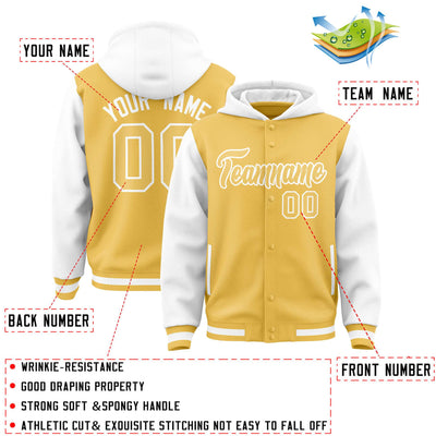Custom Yellow White Raglan Sleeves Varsity Full-Snap Letterman Two Tone Jacket Hoodie