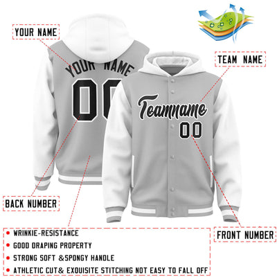 Custom Gray White Raglan Sleeves Varsity Full-Snap Letterman Two Tone Jacket Hoodie