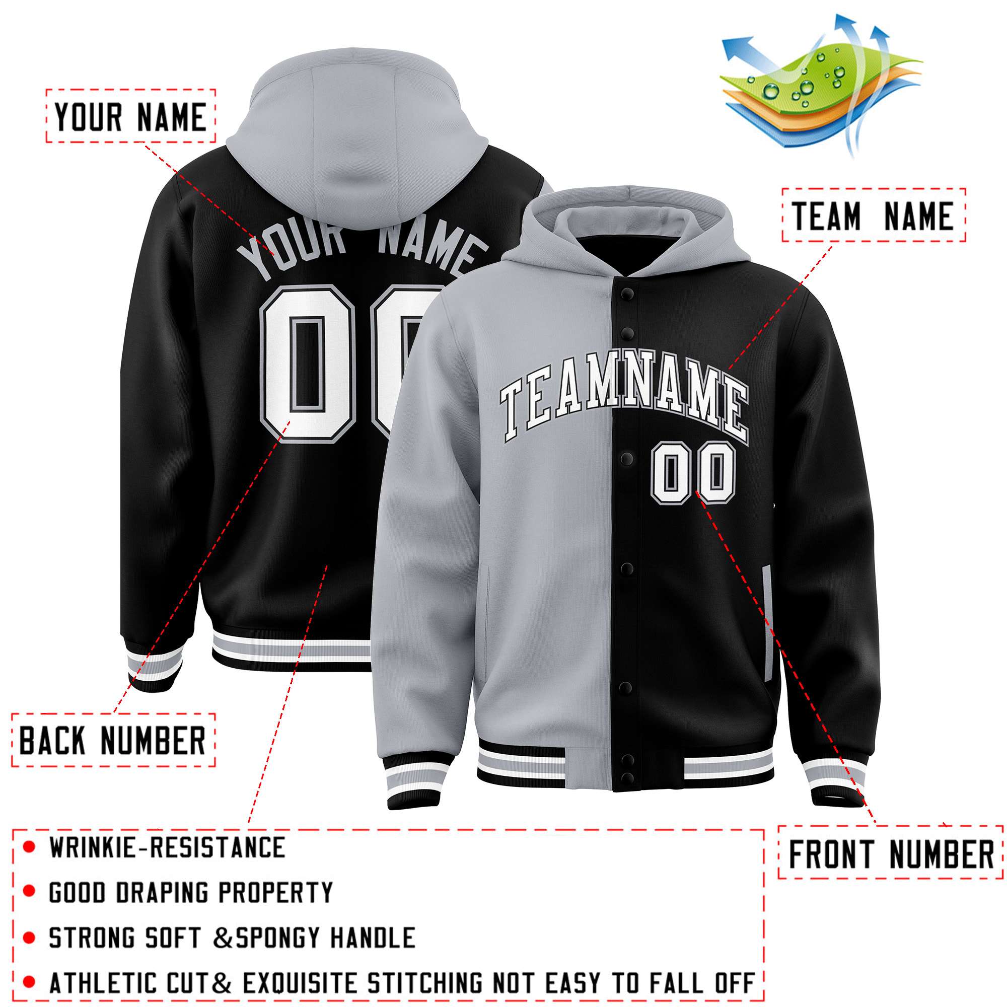 Custom Gray Black Split Fashion Varsity Full-Snap Letterman Two Tone Jacket Hoodie
