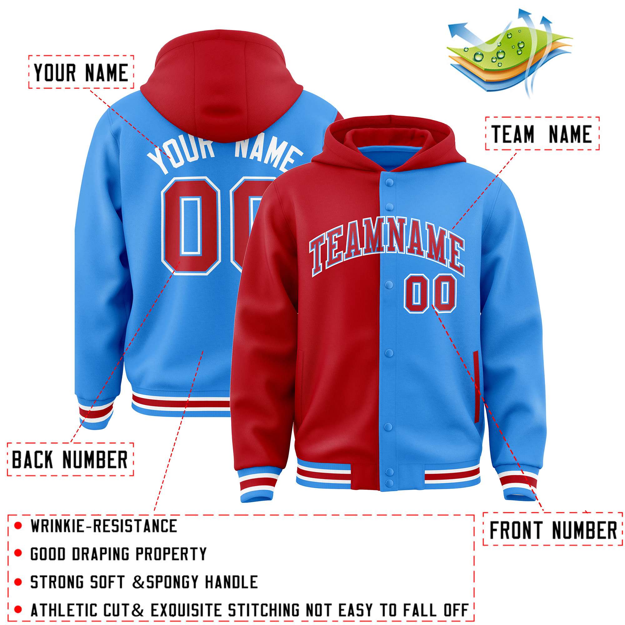 Custom Red Powder Blue Split Fashion Varsity Full-Snap Letterman Two Tone Jacket Hoodie