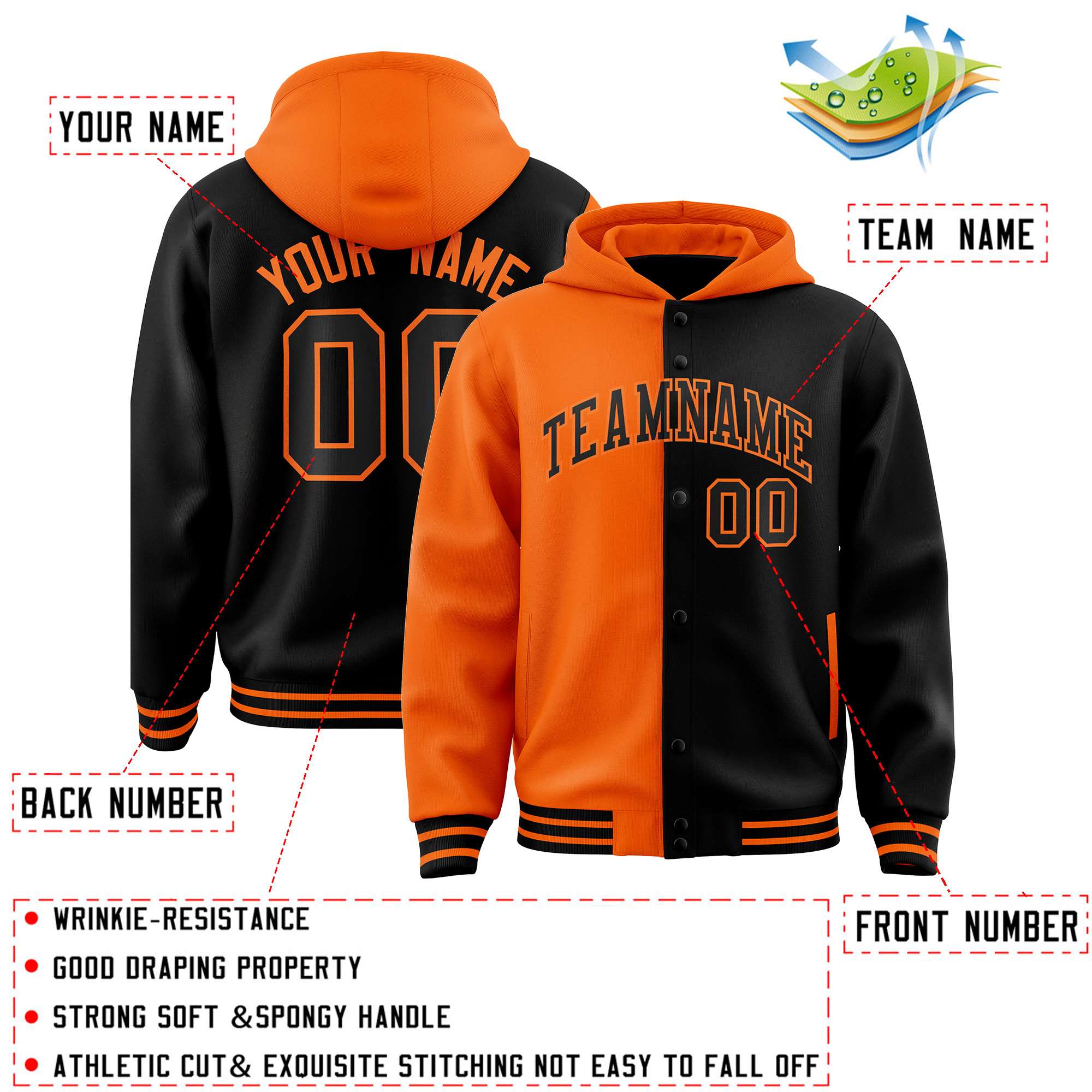 Custom Orange Black Split Fashion Varsity Full-Snap Letterman Two Tone Jacket Hoodie