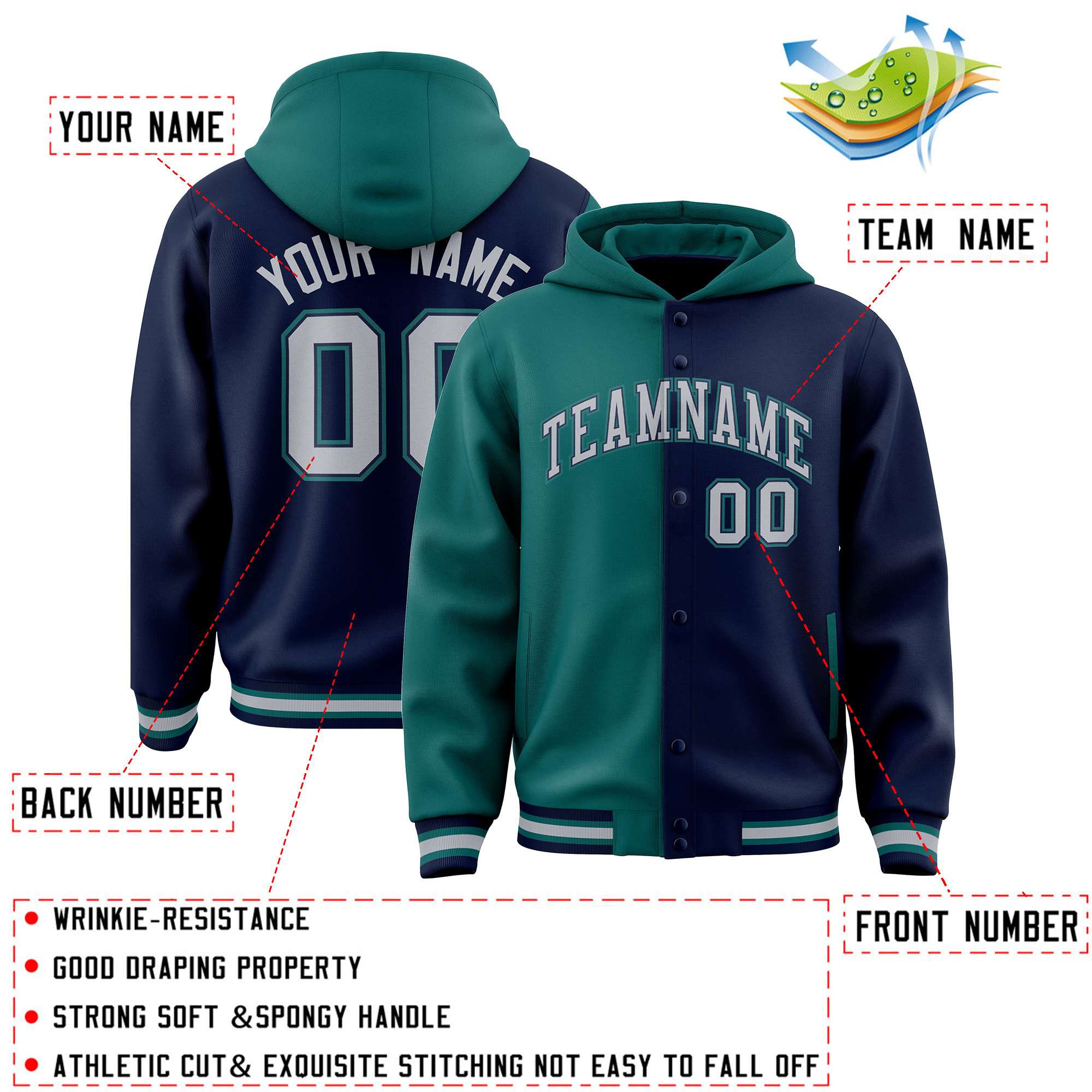 Custom Aqua Navy Split Fashion Varsity Full-Snap Letterman Two Tone Jacket Hoodie
