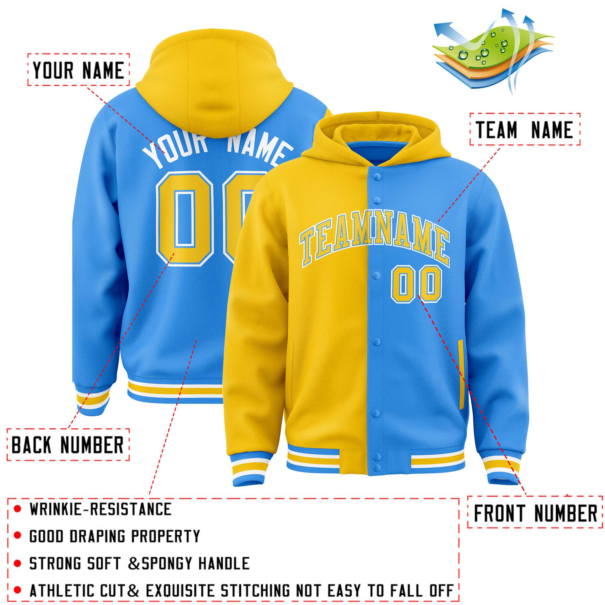 Custom Gold Powder Blue Split Fashion Varsity Full-Snap Letterman Two Tone Jacket Hoodie