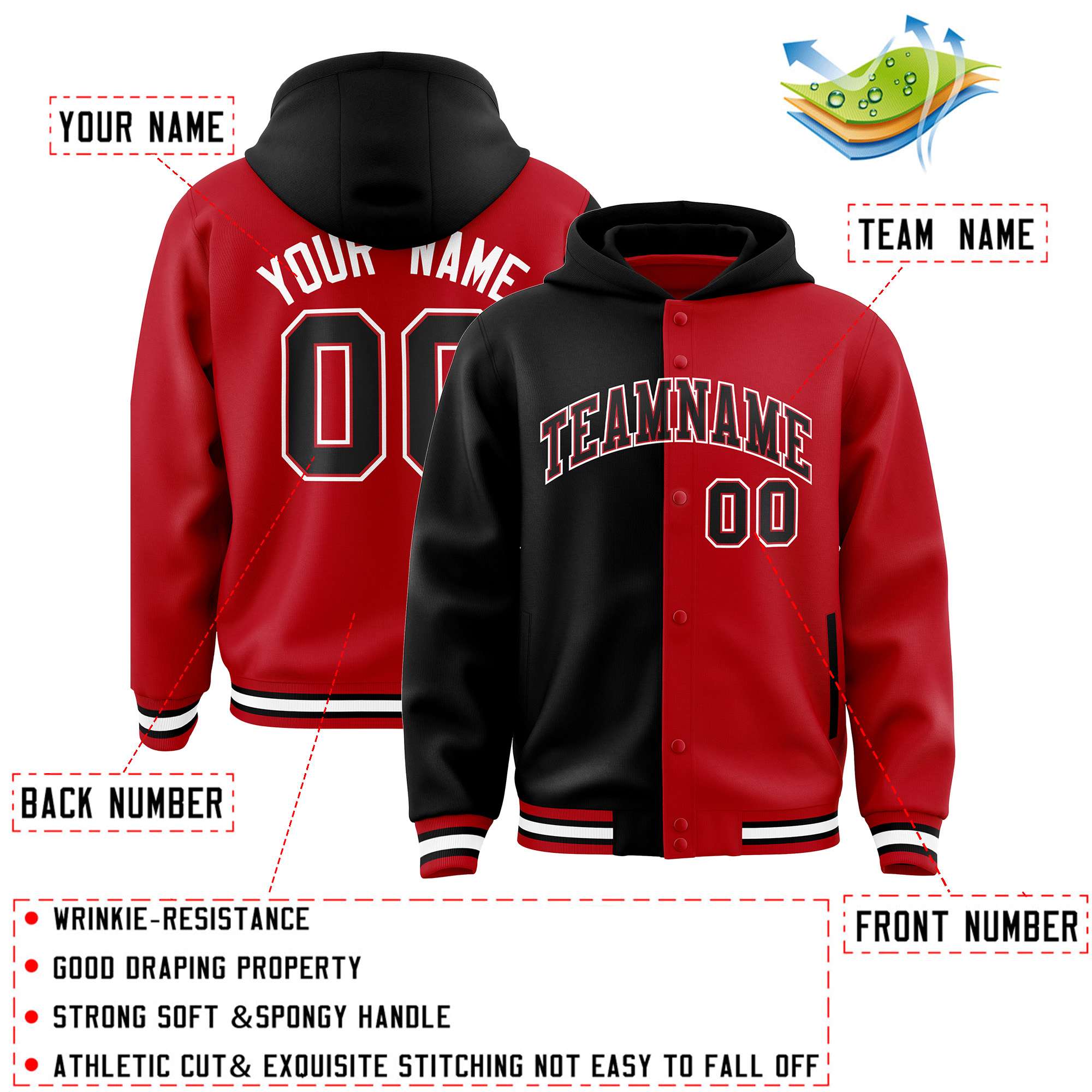 Custom Black Red Split Fashion Varsity Full-Snap Letterman Two Tone Jacket Hoodie