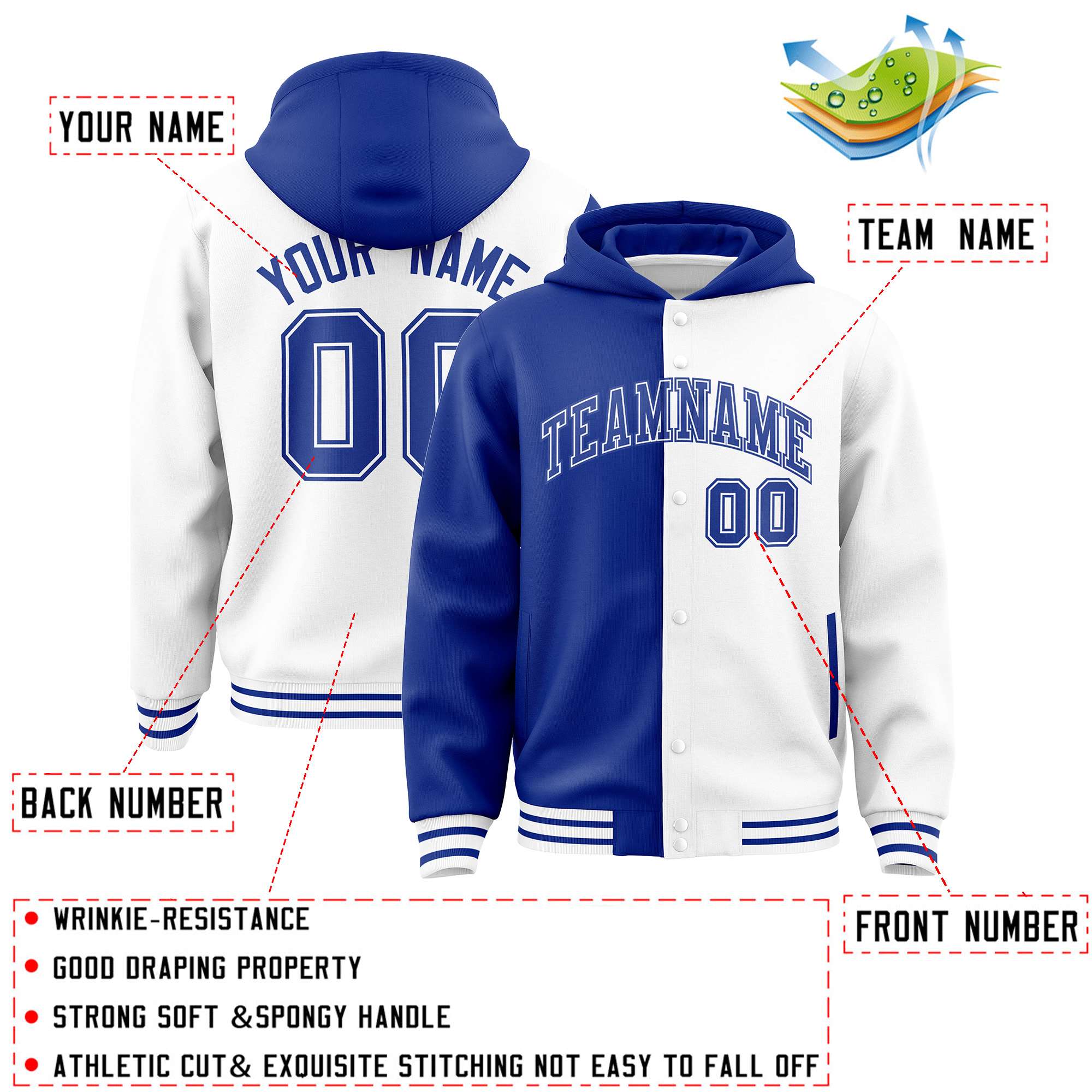 Custom Royal White Split Fashion Varsity Full-Snap Letterman Two Tone Jacket Hoodie