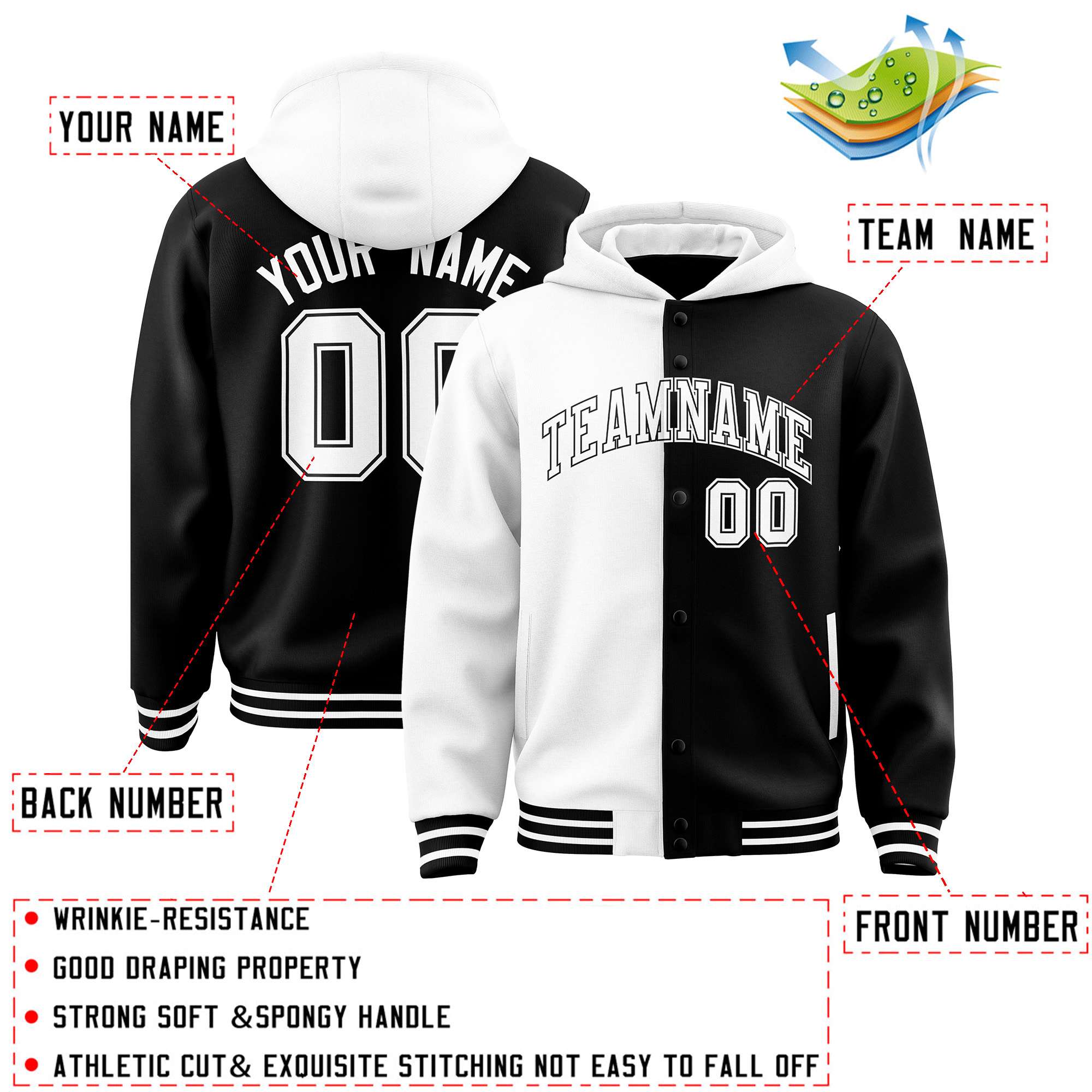 Custom White Black Split Fashion Varsity Full-Snap Letterman Two Tone Jacket Hoodie