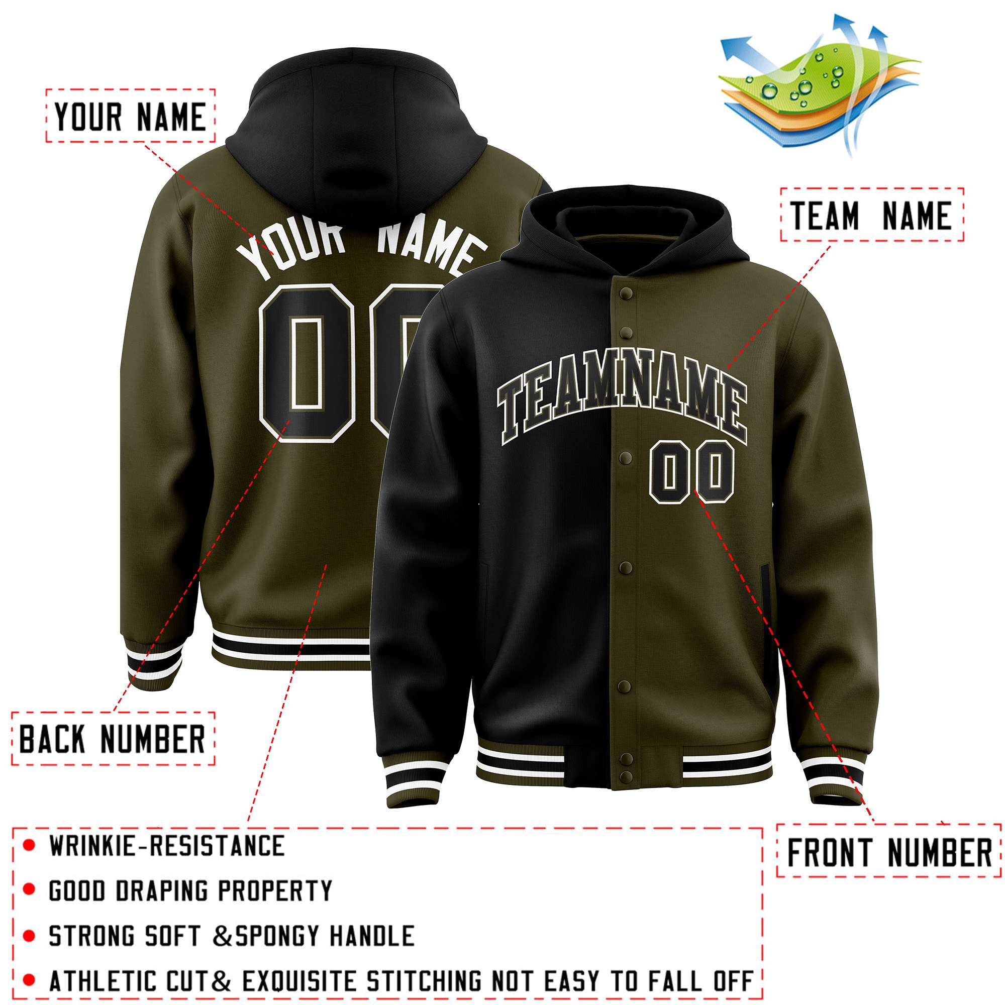 Custom Black Olive Split Fashion Varsity Full-Snap Letterman Two Tone Jacket Hoodie
