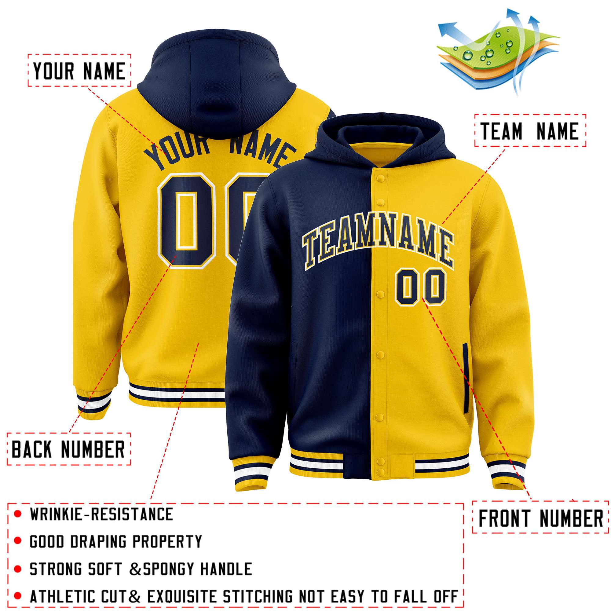 Custom Navy Gold Split Fashion Varsity Full-Snap Letterman Two Tone Jacket Hoodie