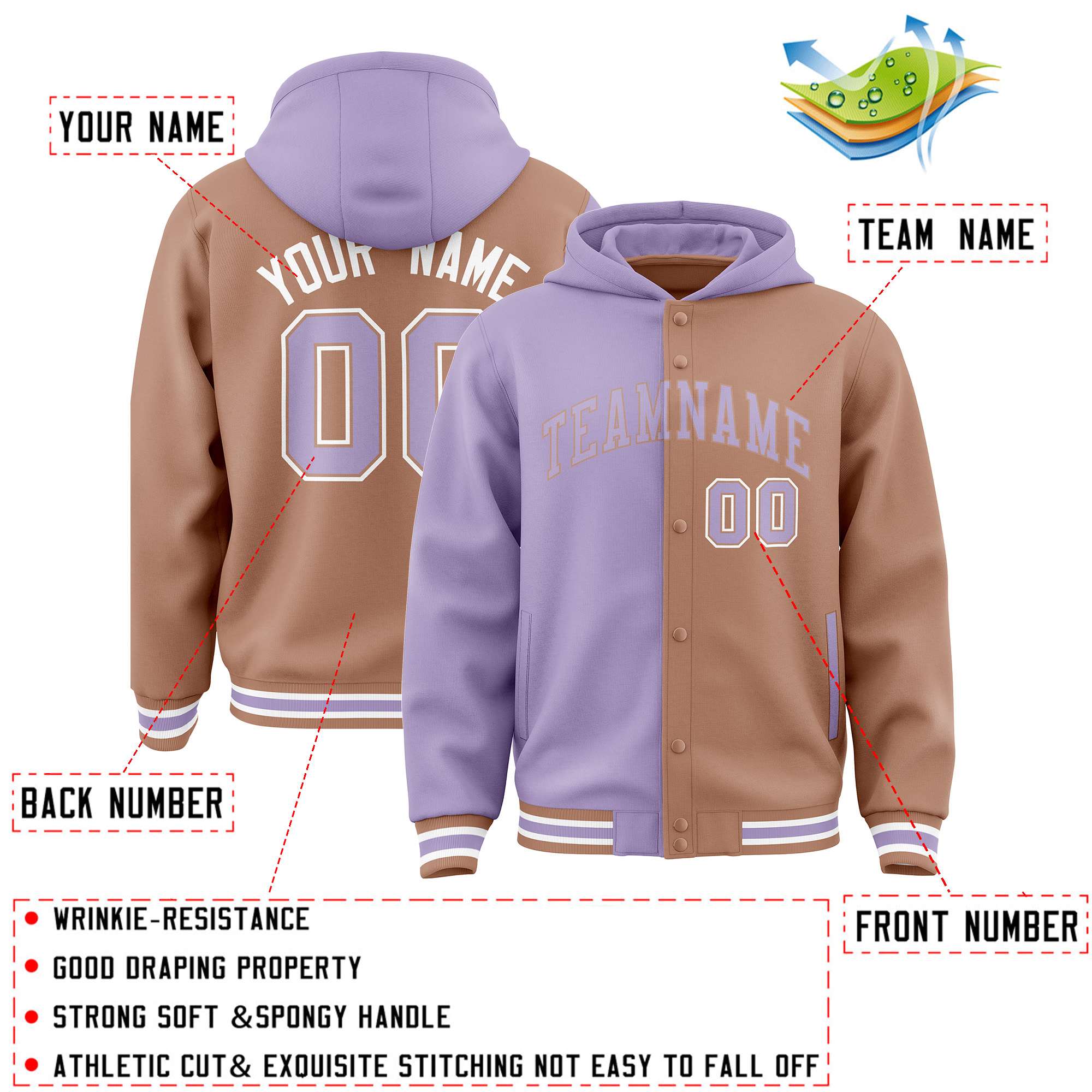 Custom Light Purple Light Brown Split Fashion Varsity Full-Snap Letterman Two Tone Jacket Hoodie