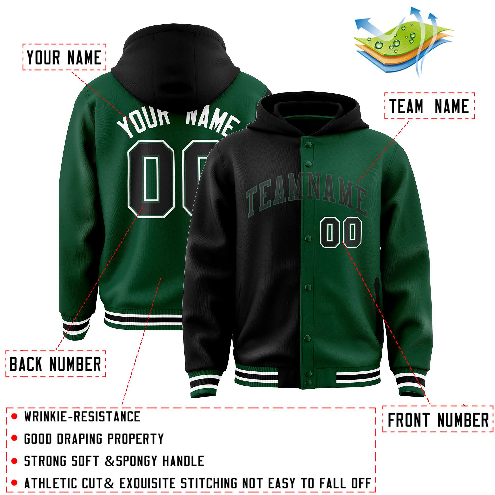 Custom Black Green Split Fashion Varsity Full-Snap Letterman Two Tone Jacket Hoodie