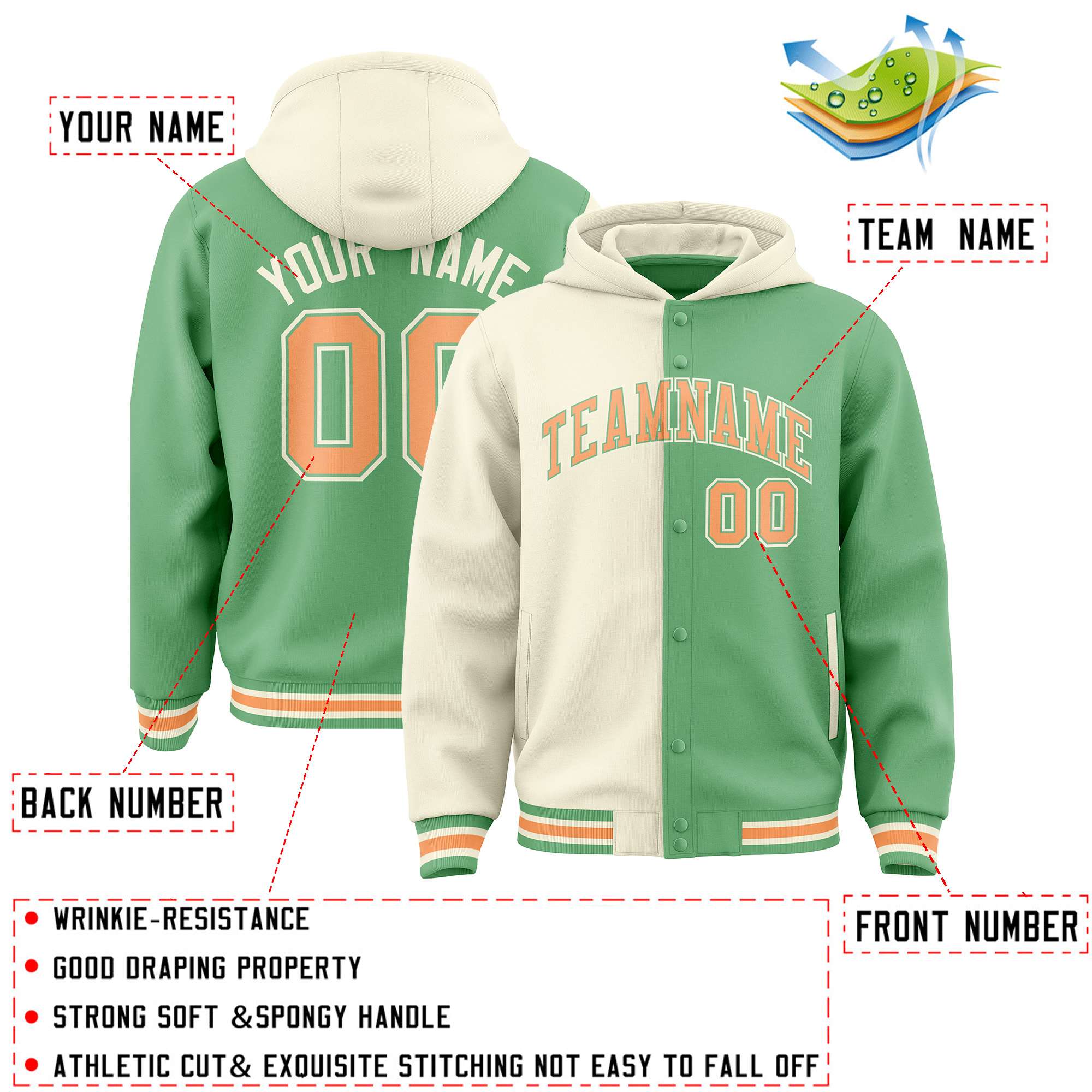 Custom Cream Green Split Fashion Varsity Full-Snap Letterman Two Tone Jacket Hoodie