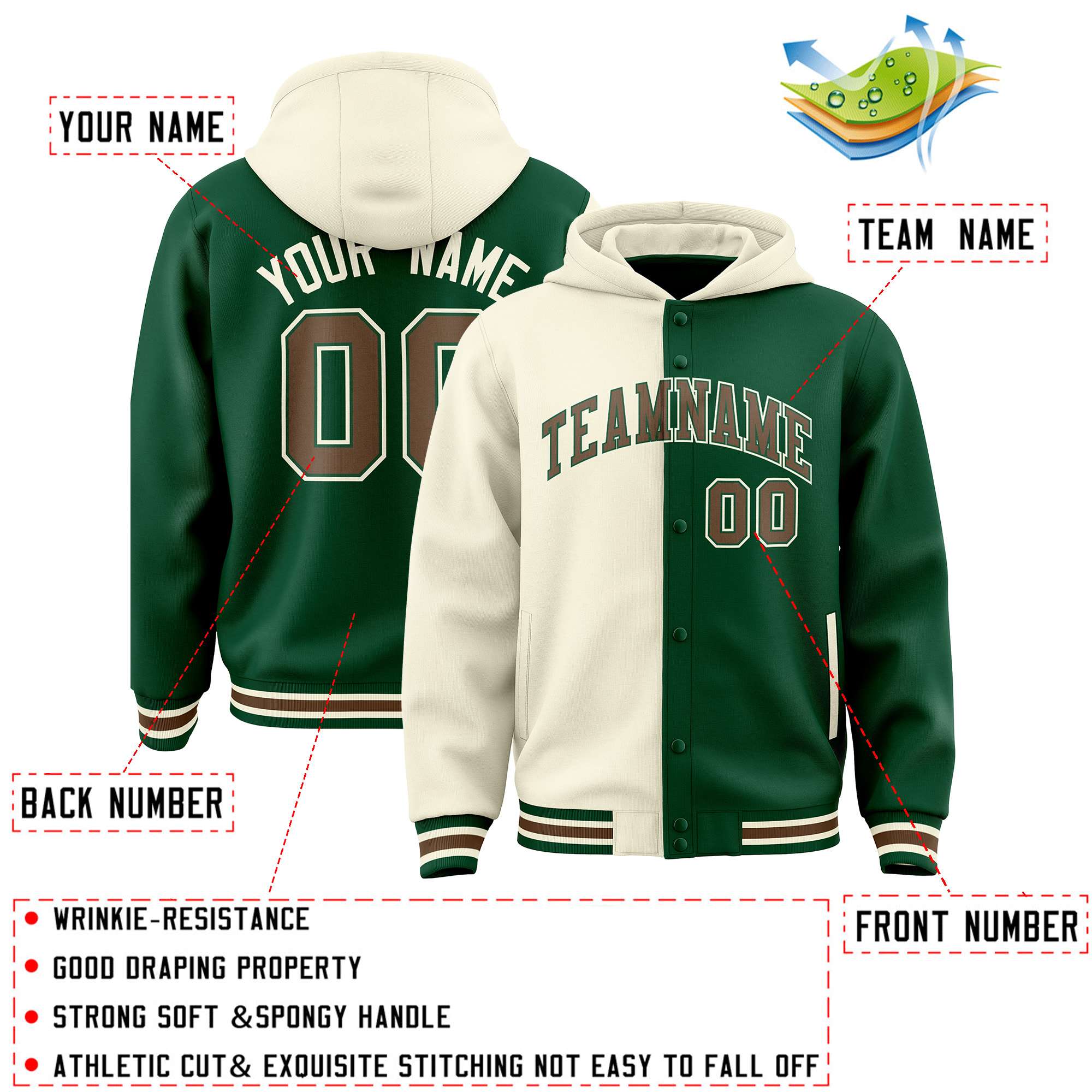 Custom Cream Green Split Fashion Varsity Full-Snap Letterman Two Tone Jacket Hoodie