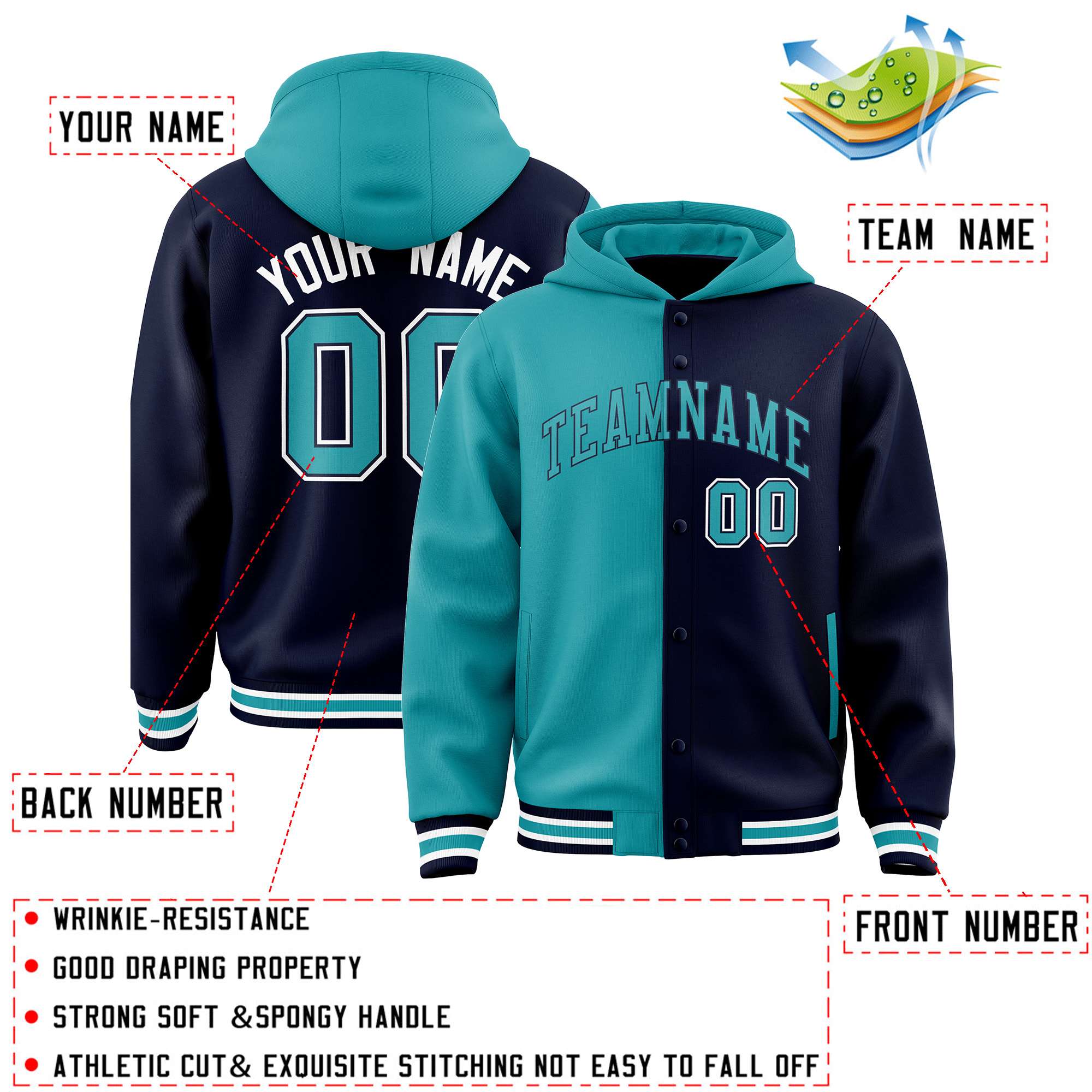 Custom Aqua Navy Split Fashion Varsity Full-Snap Letterman Two Tone Jacket Hoodie