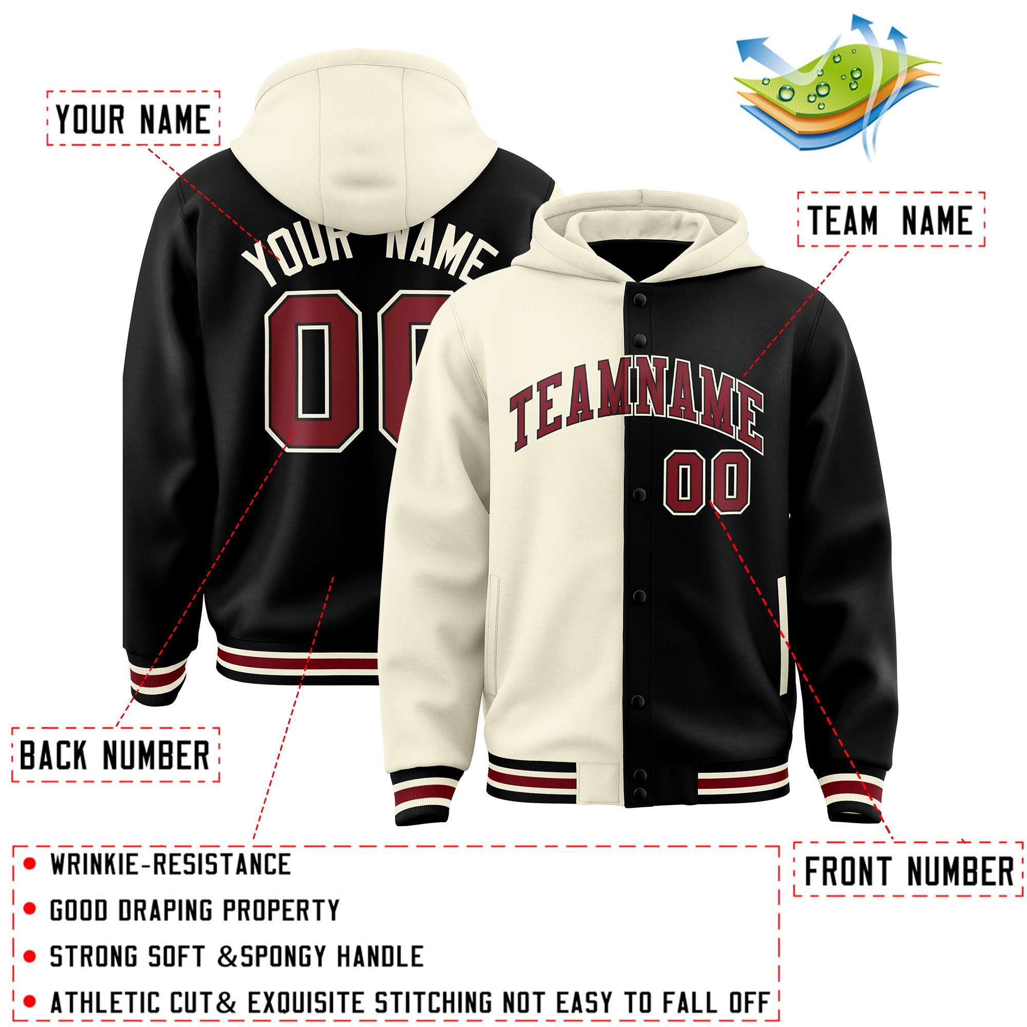 Custom Cream Black Split Fashion Varsity Full-Snap Letterman Two Tone Jacket Hoodie