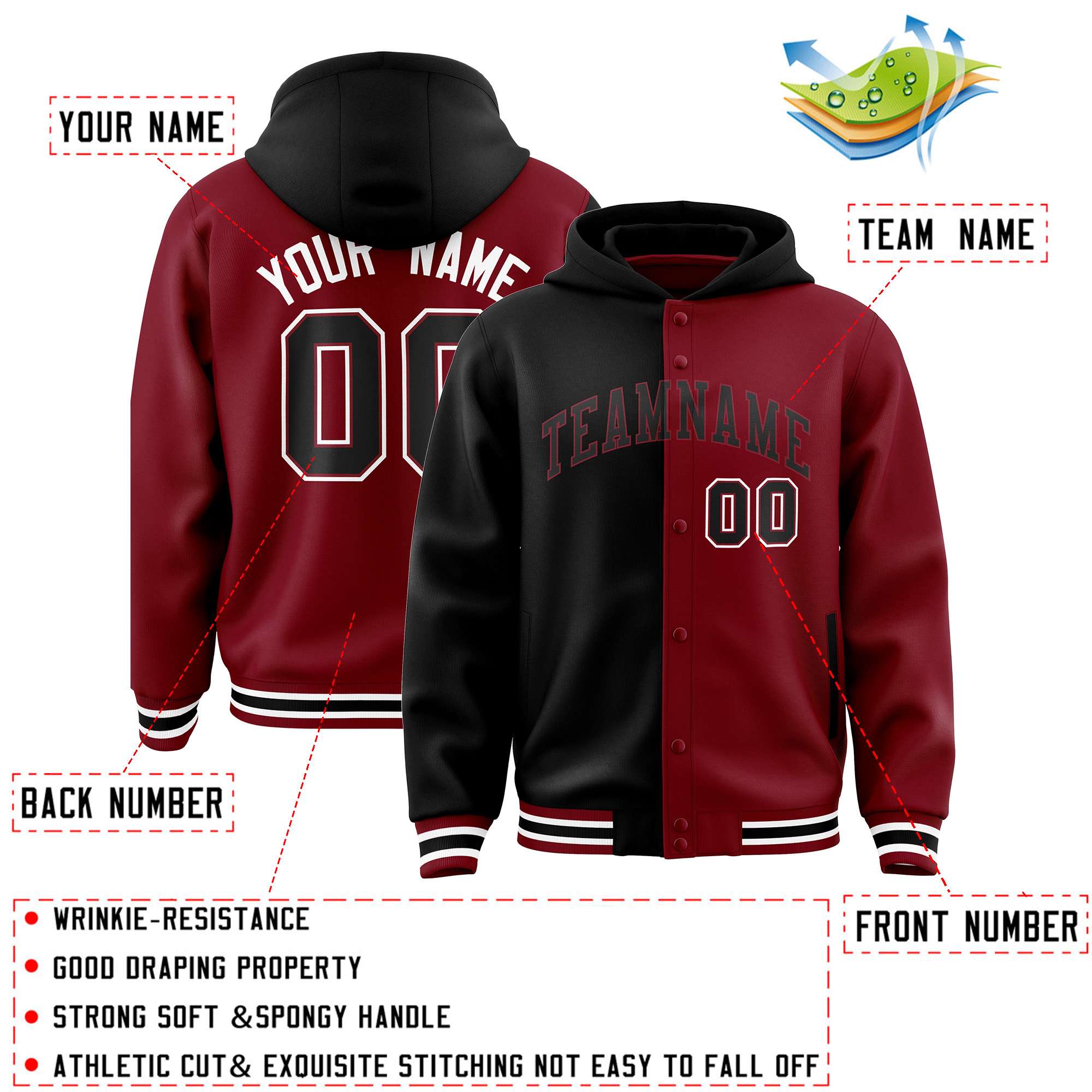 Custom Black Crimson Split Fashion Varsity Full-Snap Letterman Two Tone Jacket Hoodie