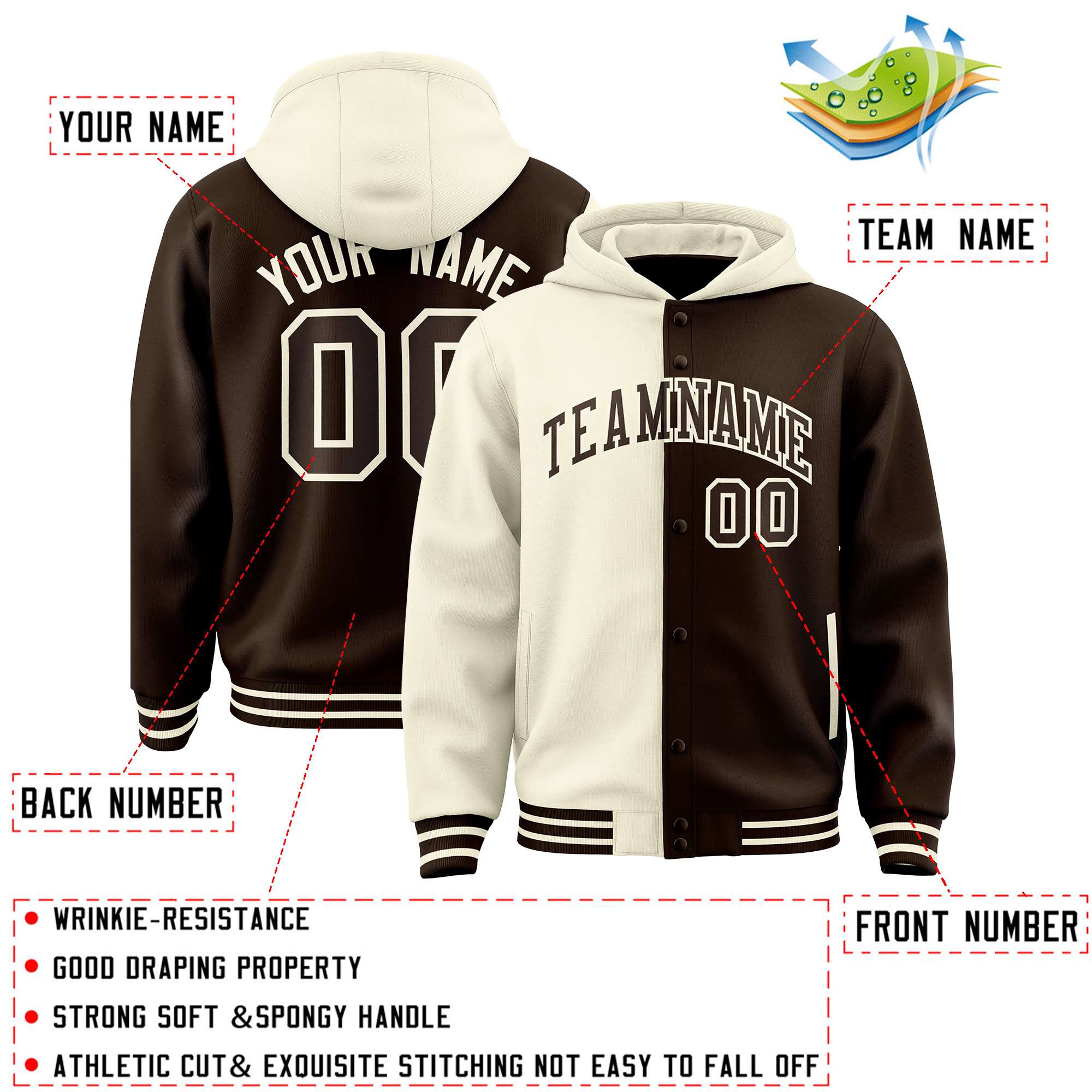 Custom Cream Brown Split Fashion Varsity Full-Snap Letterman Two Tone Jacket Hoodie