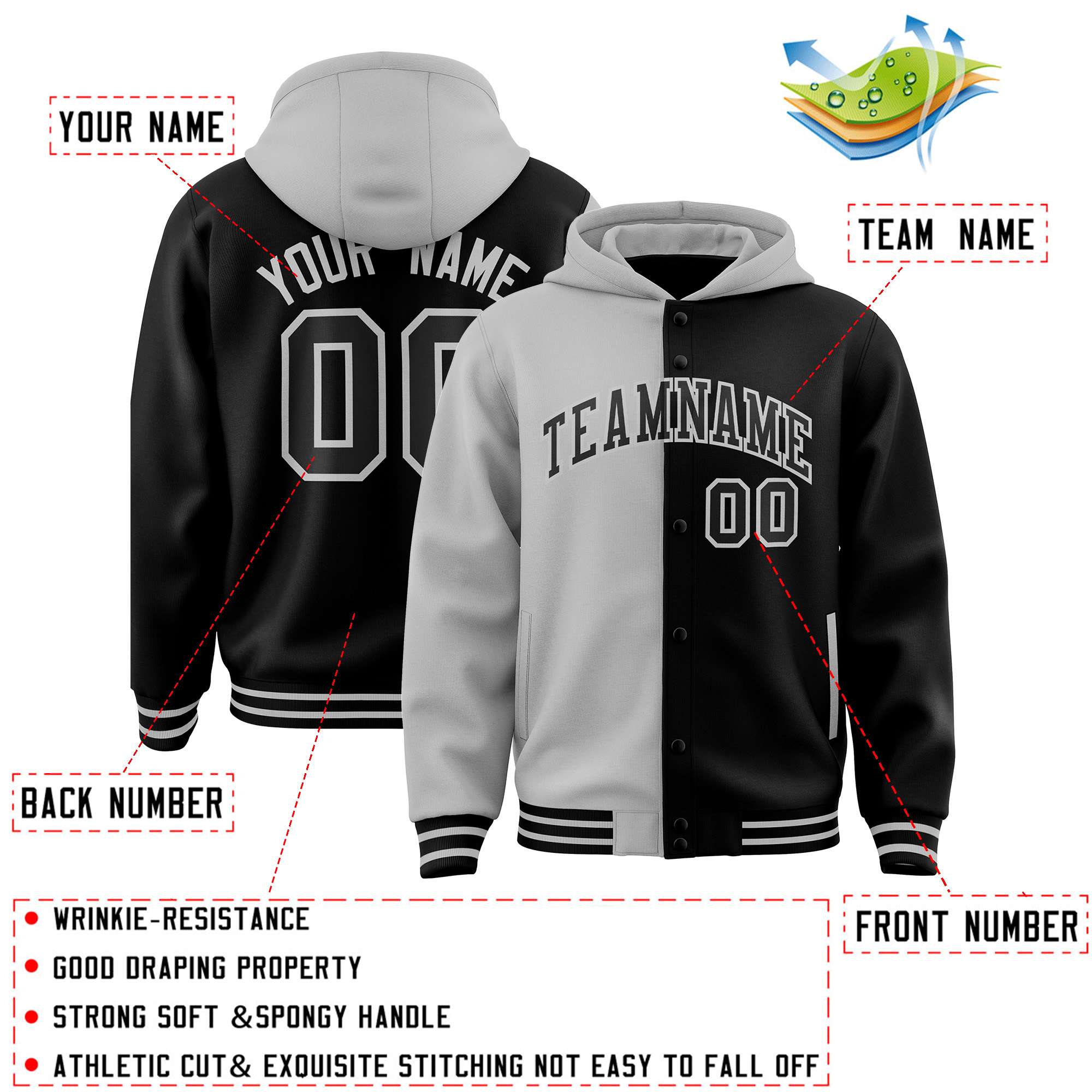 Custom Gray Black Split Fashion Varsity Full-Snap Letterman Two Tone Jacket Hoodie