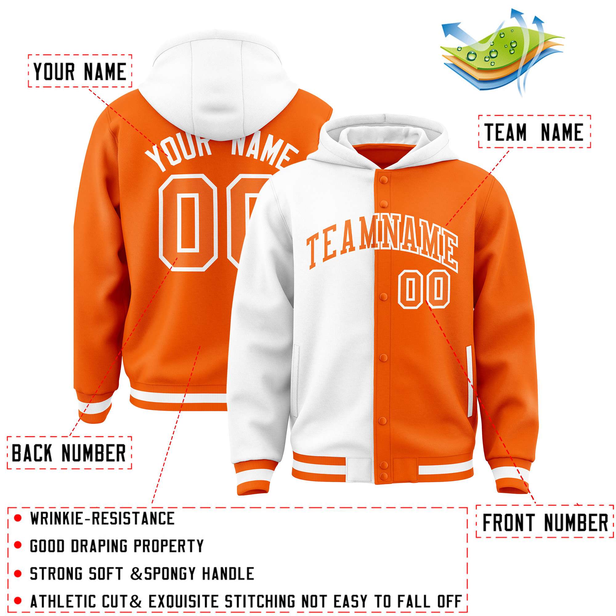 Custom White Orange Split Fashion Varsity Full-Snap Letterman Two Tone Jacket Hoodie