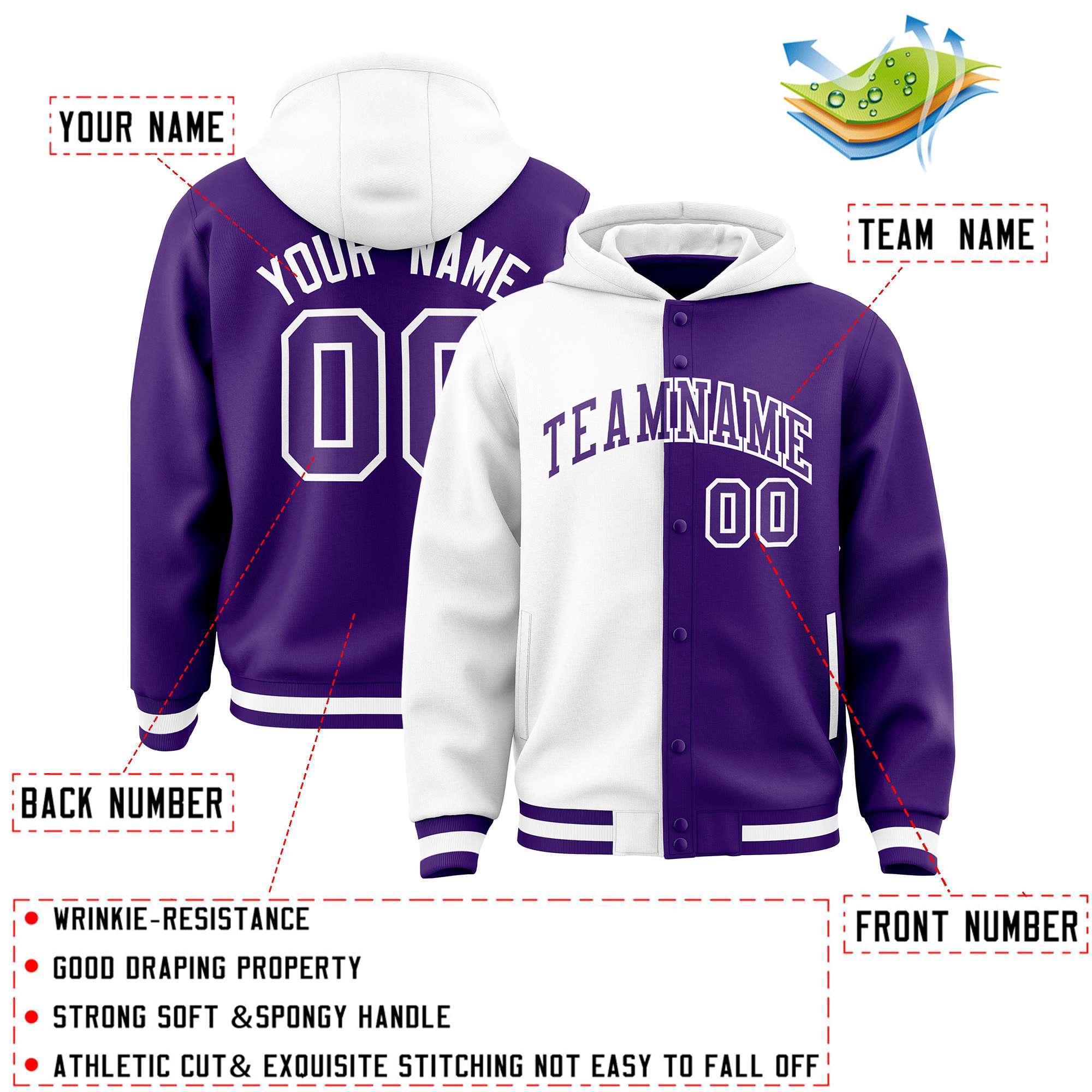 Custom White Purple Split Fashion Varsity Full-Snap Letterman Two Tone Jacket Hoodie