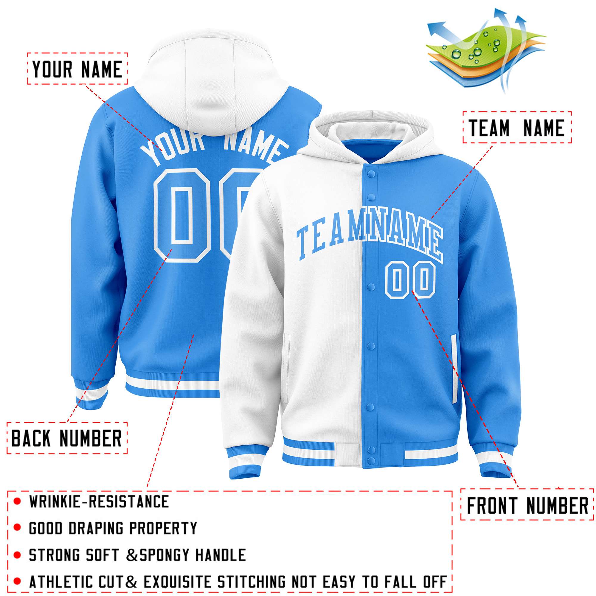 Custom White Powder Blue Split Fashion Varsity Full-Snap Letterman Two Tone Jacket Hoodie