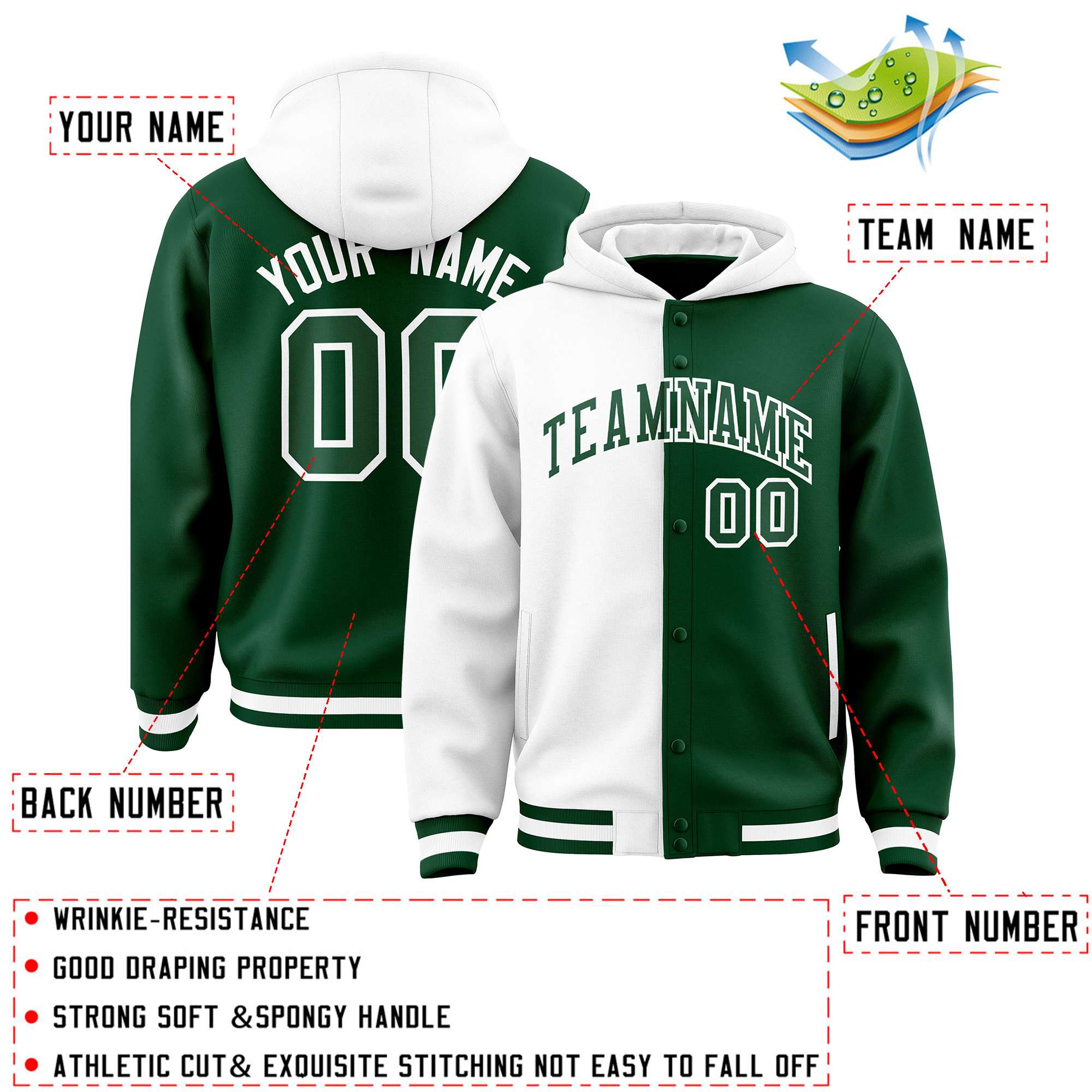 Custom White Green Split Fashion Varsity Full-Snap Letterman Two Tone Jacket Hoodie