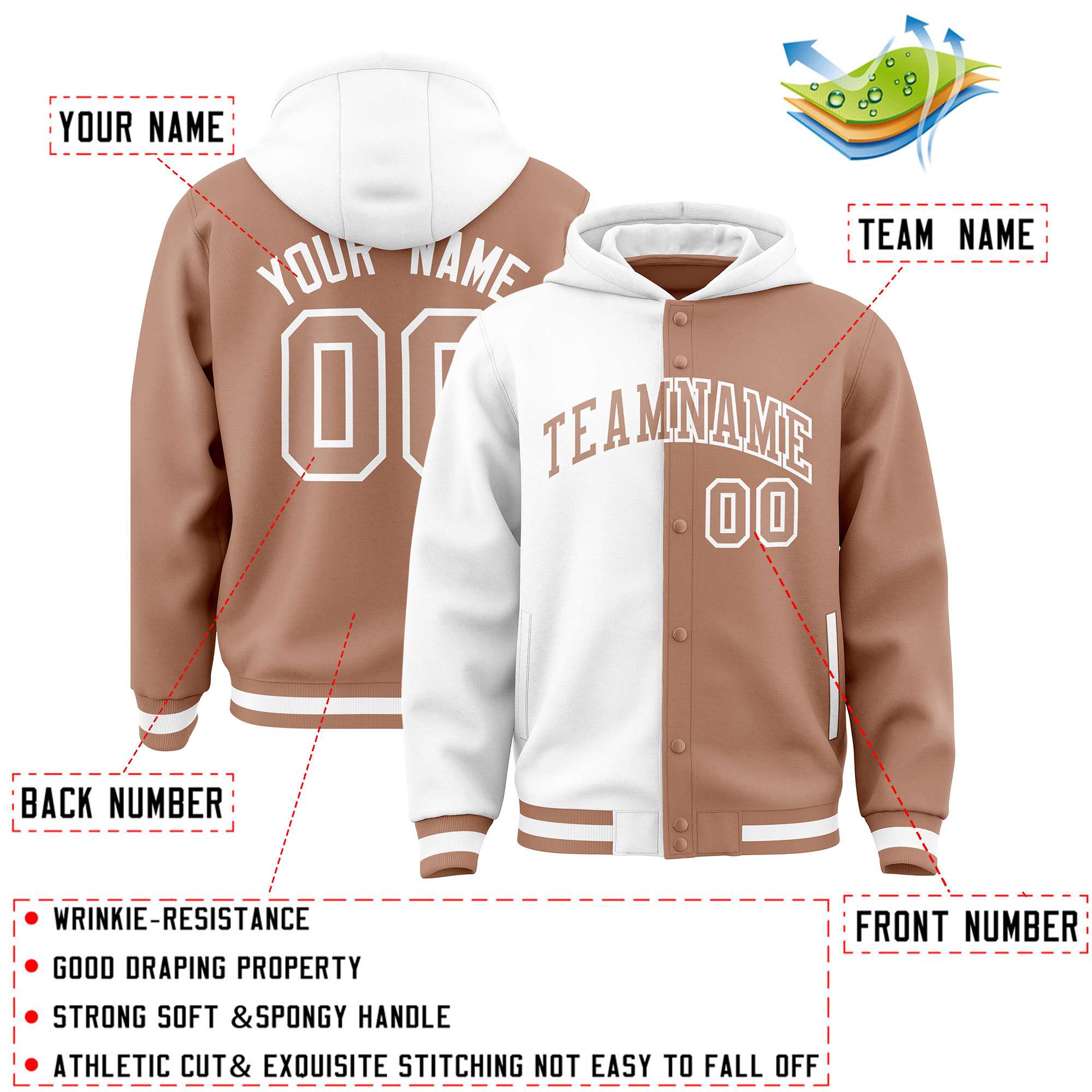 Custom White Light Brown Split Fashion Varsity Full-Snap Letterman Two Tone Jacket Hoodie